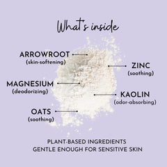 Herb Root Jasmine-scented powder jar highlights calming fragrance and lasting freshness.
