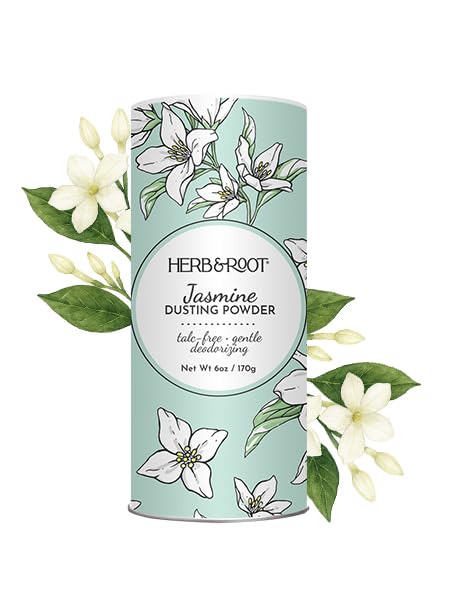 Herb & Root Jasmine talc-free dusting powder bottle with silky, fresh finish.