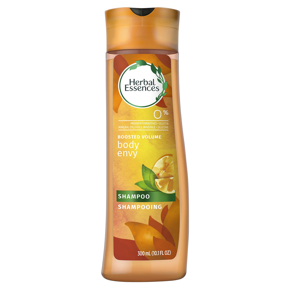 Herbal Essences Body Envy shampoo bottle closeup highlighting gentle cleansing