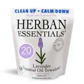 Herban Essentials lavender-wipes front-packaging shows travel-size convenience.