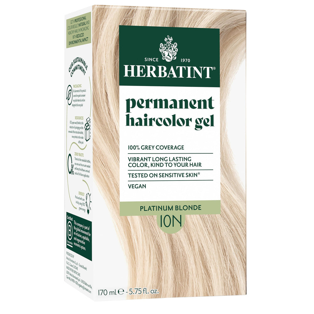 Herbatint 10N platinum blonde shade swatches show natural color and gray coverage.