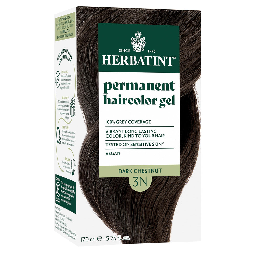 Herbatint 3N dark chestnut packaging and bottle highlighting eco-friendly design for home use