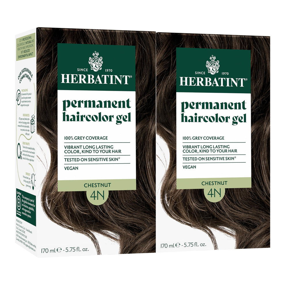 Herbatint 4N Chestnut bottle highlights ammonia-free formula for even gray coverage.