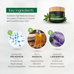 Herbishh Argan Hair Mask ingredients scene highlighting argan oil and lavender for nourishment