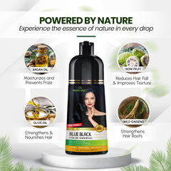 Herbishh blue-black shampoo applied to damp hair for at-home color.