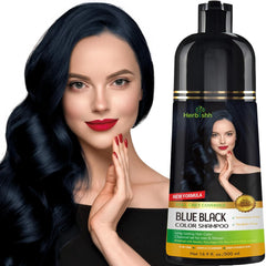 Herbishh blue-black hair color shampoo bottle shows ammonia-free formula for gentle gray coverage.