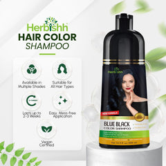 Herbishh blue-black color on gray hair before-and-after result looks vibrant.