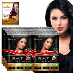 Herbishh natural hair dye shampoo bottle with argan mask for long-lasting black grey coverage.