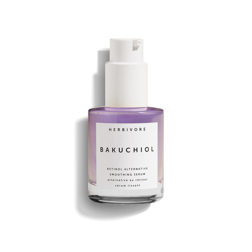HERBIVORE Bakuchiol Serum bottle on a clean vanity for smoothing skin texture.