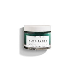 HERBIVORE Blue Tansy mask jar closeup shows creamy texture for clearer, calmer skin.