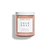 HERBIVORE Coco Rose body polish jar close-up shows creamy exfoliation for smoother skin