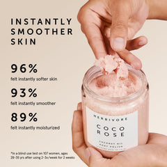 HERBIVORE Coco Rose body polish scoop application highlights generous texture for even exfoliation
