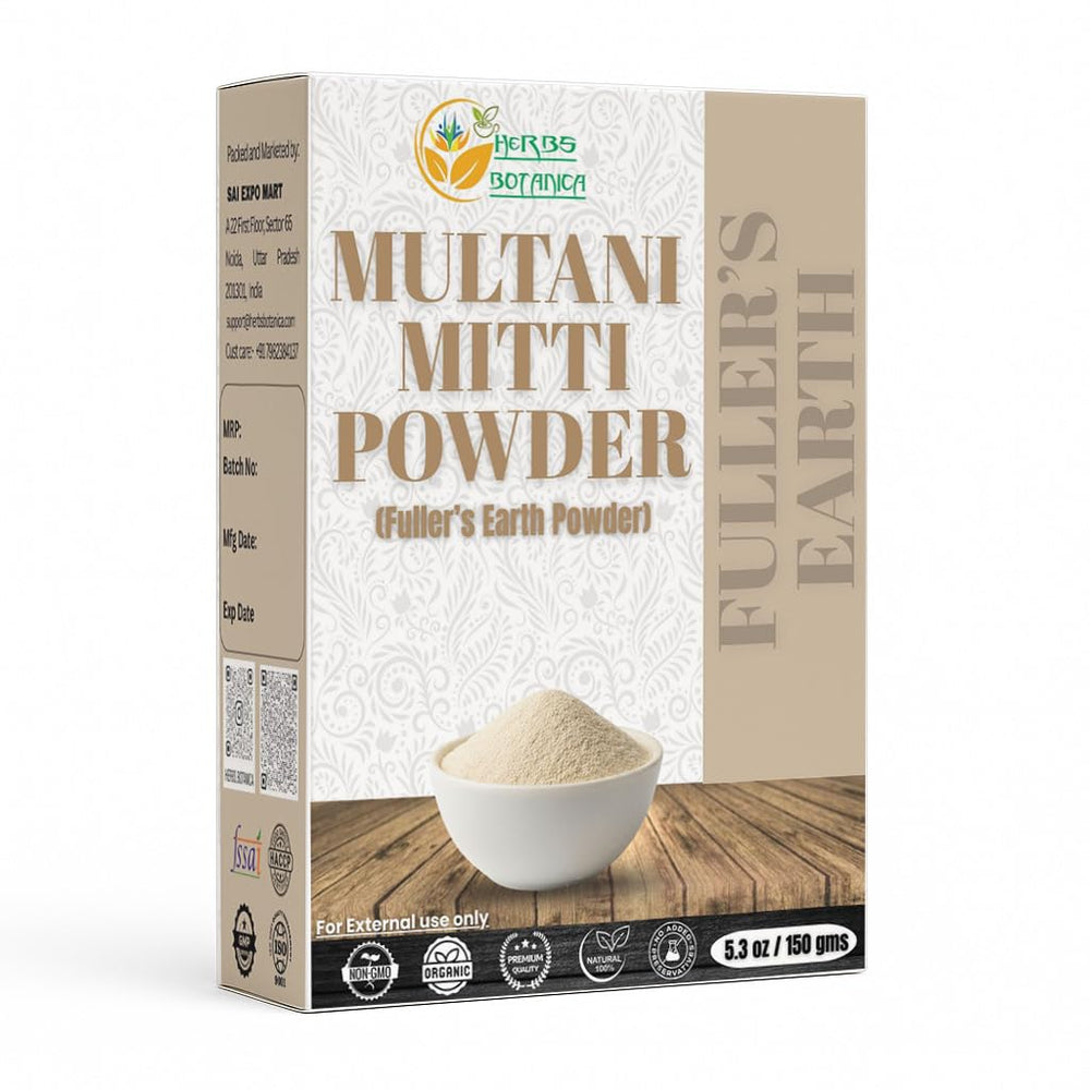 Herbs Botanica Multani Mitti face powder for detox and deep cleansing routine.
