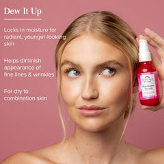 HERITAGE STORE Rosewater Serum dropper close-up shows 1% hyaluronic acid for plump skin.
