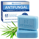Hermon Antifungal Soap bottle with tea tree oil showing soothing skin care benefits