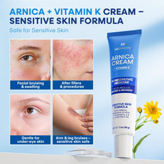 Closeup of Hermon Arnica Bruiscream label featuring vitamin K benefits