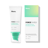 The Hero Cosmetics Force Shield sunscreen tube packaging shows compact daily protection.