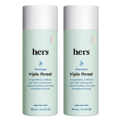 Hims & Hers Hers Triple Threat shampoo bottle for thicker, fuller hair.