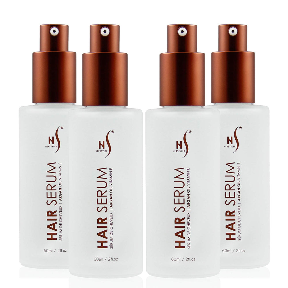 HerStyler Serum 4 Pack bottle closeup highlights frizz-control shine for dry hair