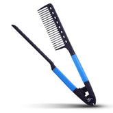 HerStyler straightening comb in blue in hand guides hair for smoother flat-iron styling
