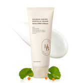 HEVEBLUE Salmon Caring Centella Cream bottle showing premium hydration for daily use