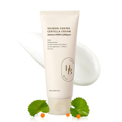 HEVEBLUE Salmon Caring Centella Cream bottle showing premium hydration for daily use