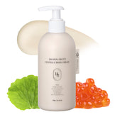 HEVEBLUE Salmon Fruity Centella Body Cream bottle pump delivers lightweight hydration.