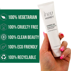 Hey Honey hand cream application close-up shows creamy texture for instant hydration.