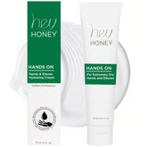 Hey Honey hand cream bottle with pump for fast-absorbing relief.