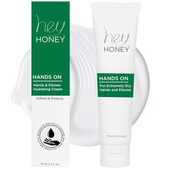 Hey Honey hand cream bottle with pump for fast-absorbing relief.