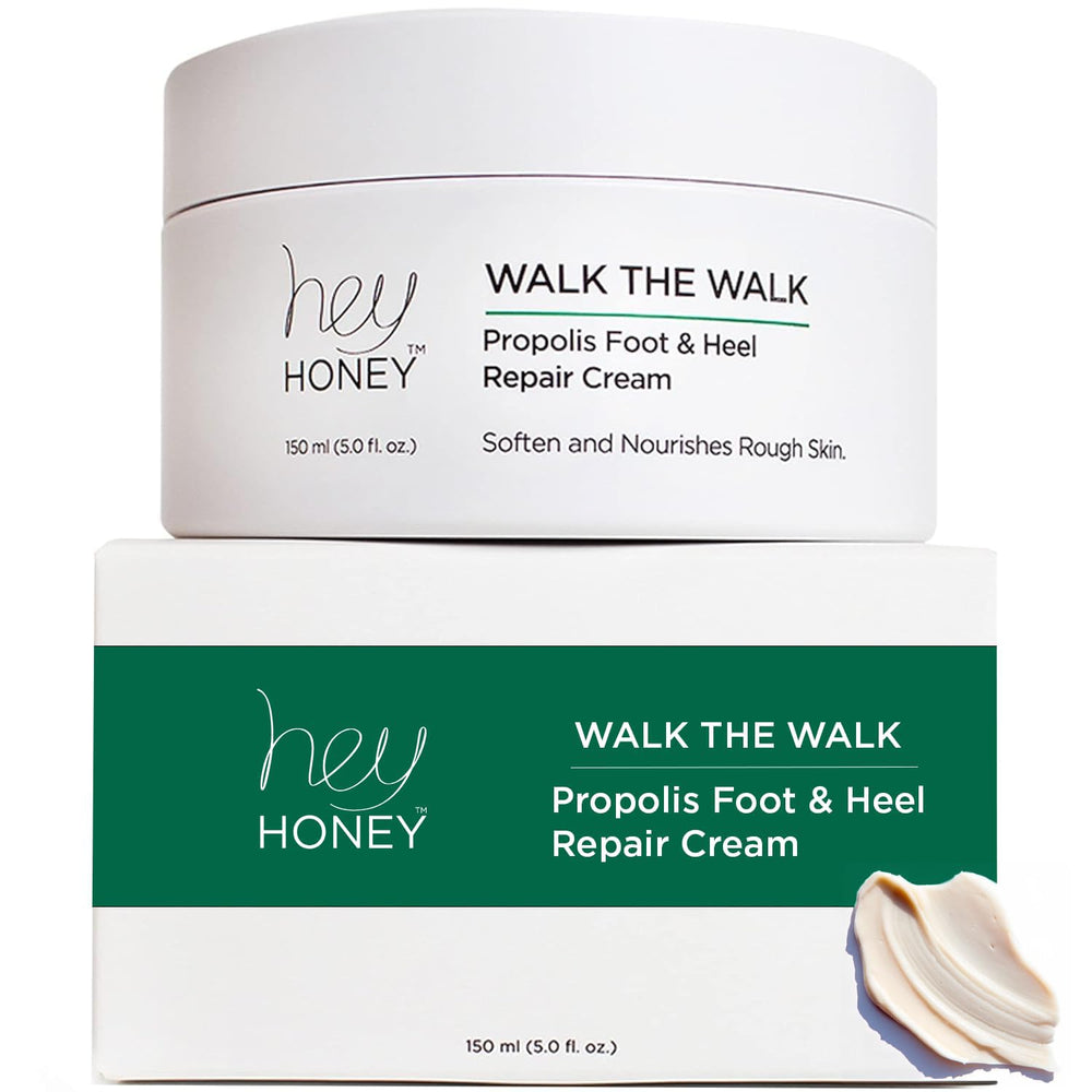 Hey Honey Walk the Walk Propolis Foot Cream packaging highlights hydration and odor control