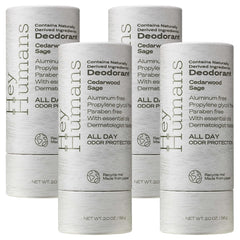 HEY HUMANS aluminum free deodorant bottle with cedarwood sage for all-day freshness.