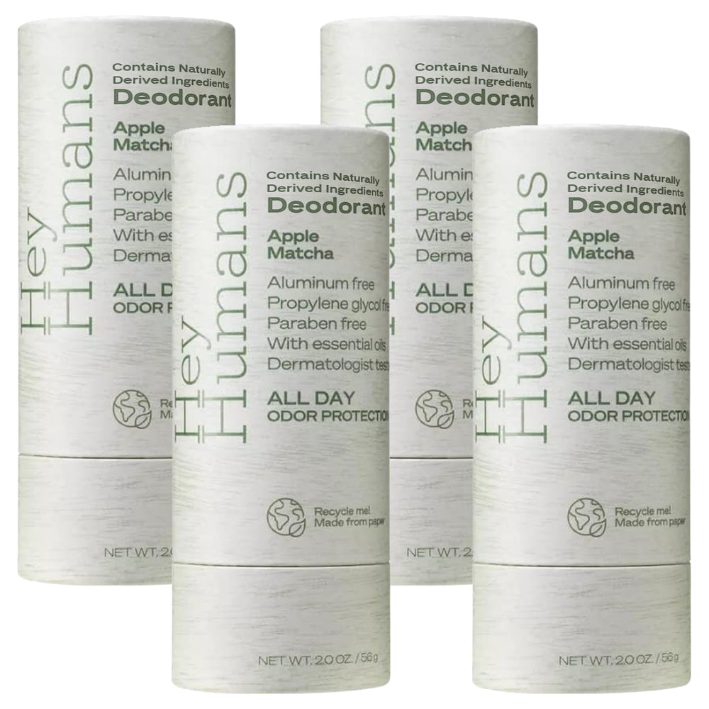 Hey Humans deodorant Apple Matcha packaging highlights sustainable paper packaging for eco-conscious care