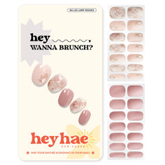 Heyhae packaging with semi-cured gel nail strips in glitter pink for on-the-go manicure
