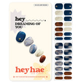 Heyhae semi-cured nail strips in marble blue spring finish for a salon-like manicure.