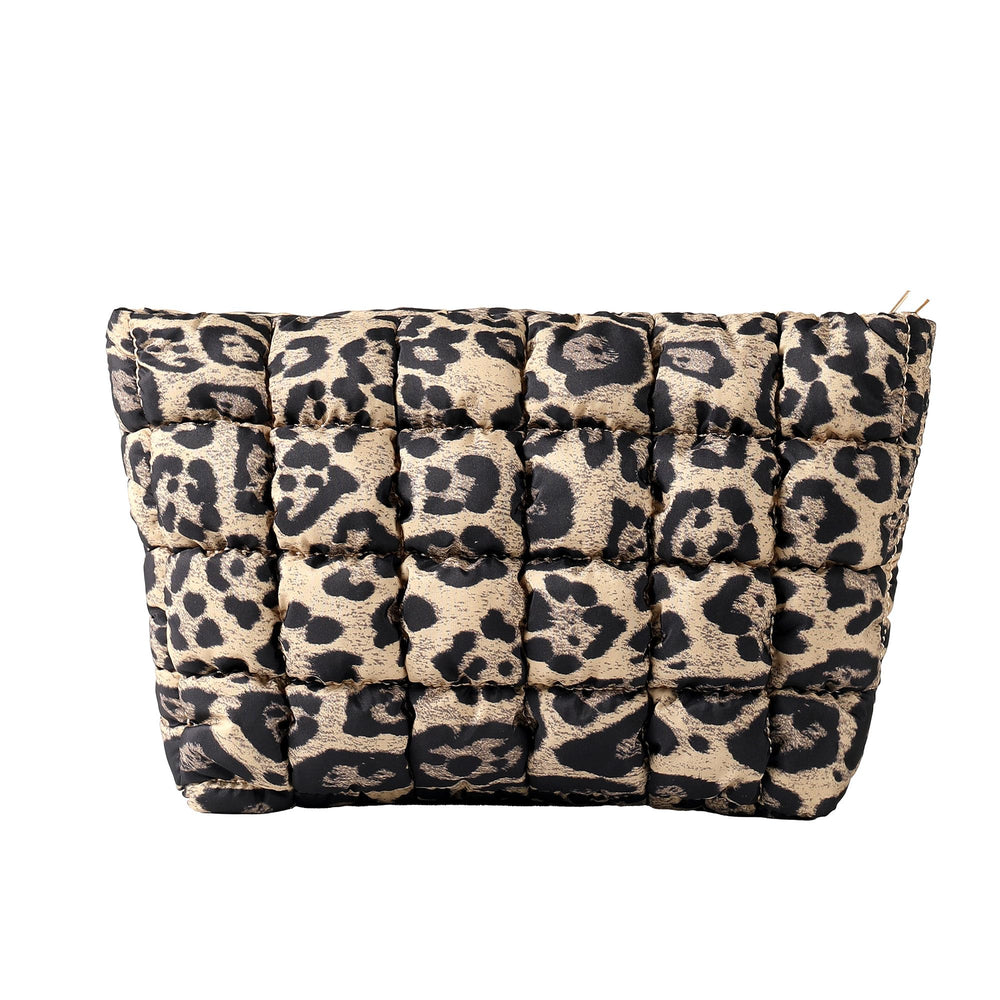 HFLZBRO puffy makeup bag brown leopard, front view for on-the-go organization.