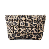 HFLZBRO puffy makeup bag brown leopard, front view for on-the-go organization.