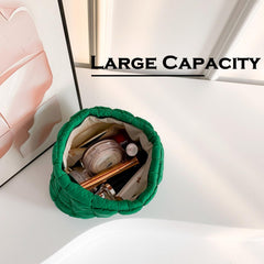 HFLZBRO Puffy makeup bag green compact portability for purse or gym bag.