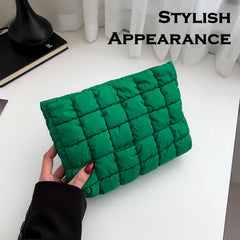 HFLZBRO Puffy makeup bag green inner pocket detail for cards and essentials.