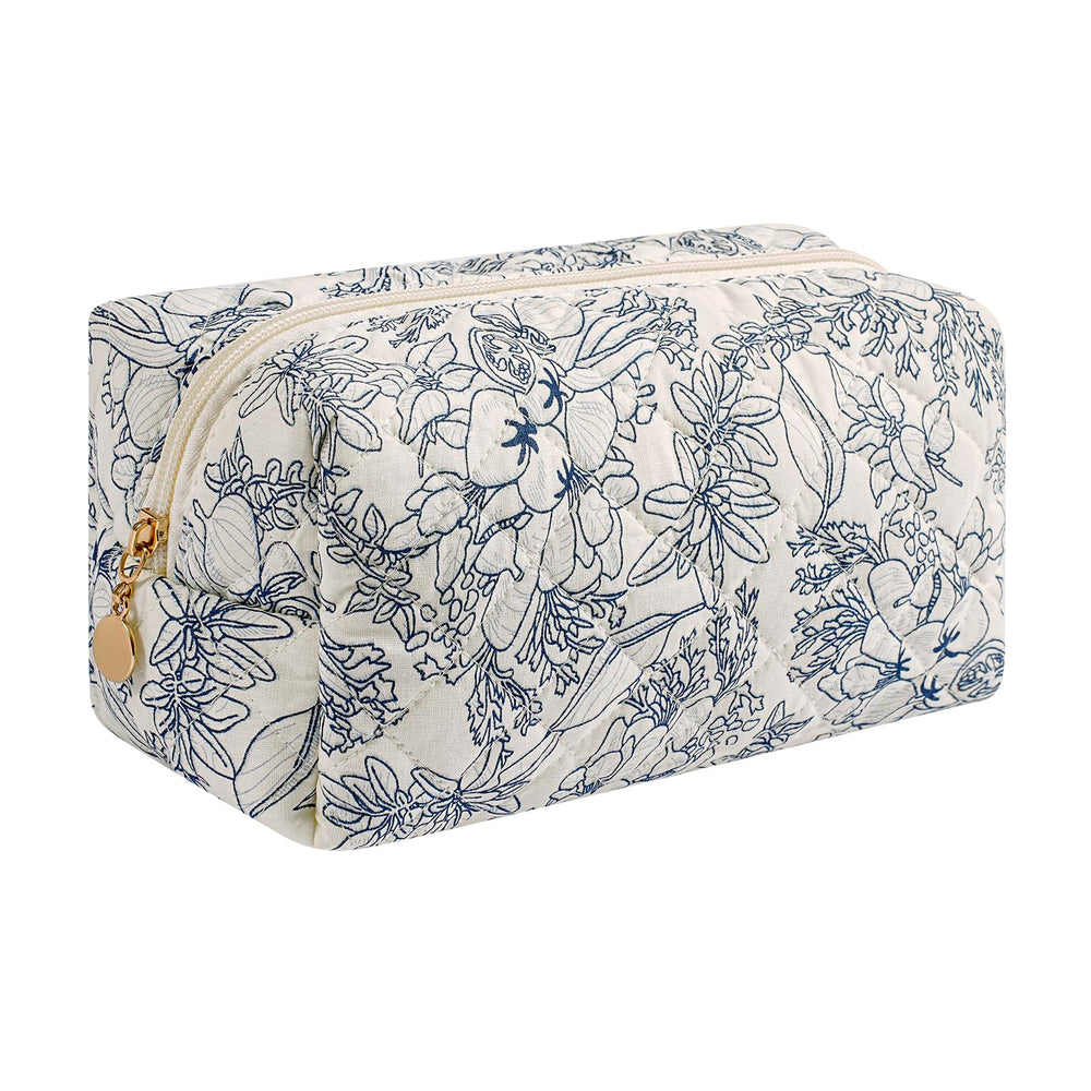 HHQQWZ makeup bag navy floral front view for stylish travel organization.