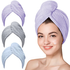 Hicober hair towel 3-pack front view in purple blue grey for quick-drying routine