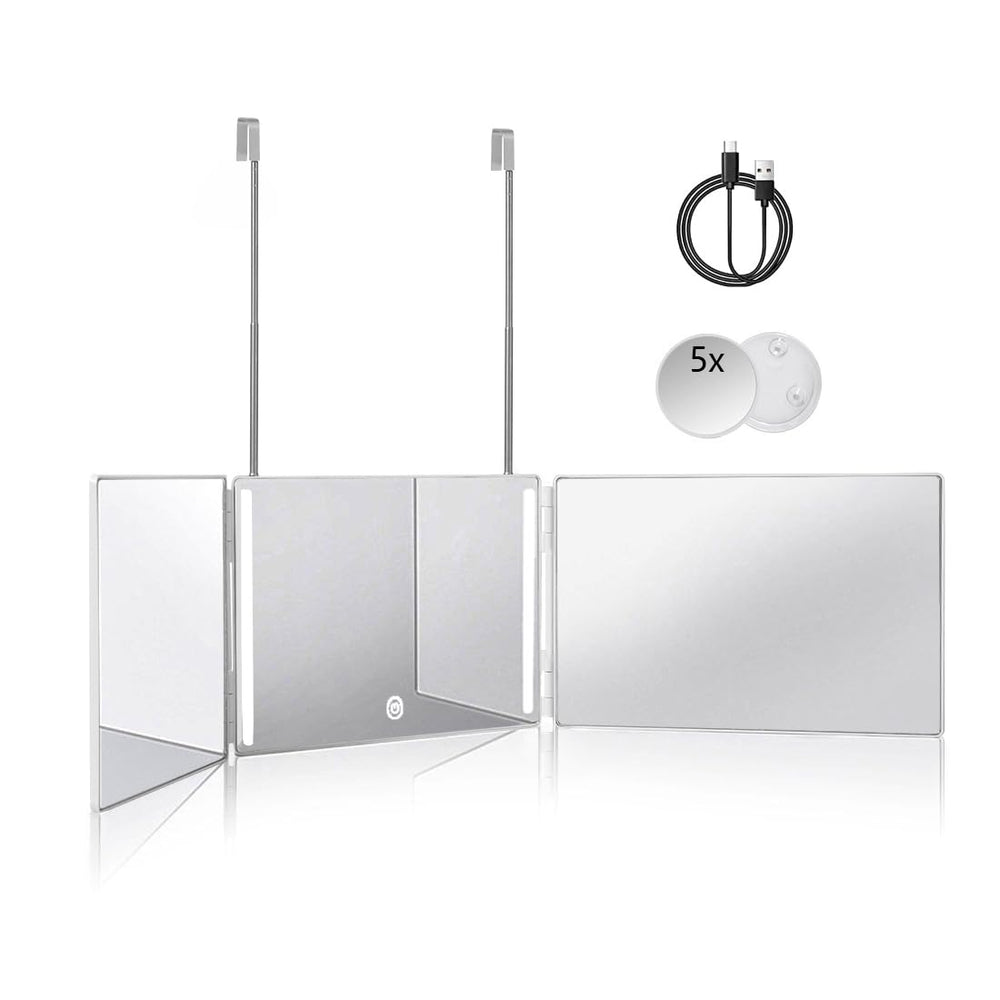 HIEEY 3-way 360 mirror with LED lights for precise makeup application.
