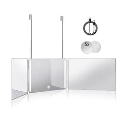HIEEY 3-way 360 mirror with LED lights for precise makeup application.