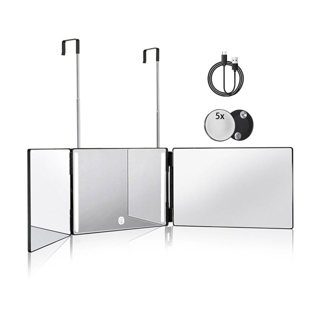 HIEEY LED 3-way mirror with bright lighting for precise hair cutting.