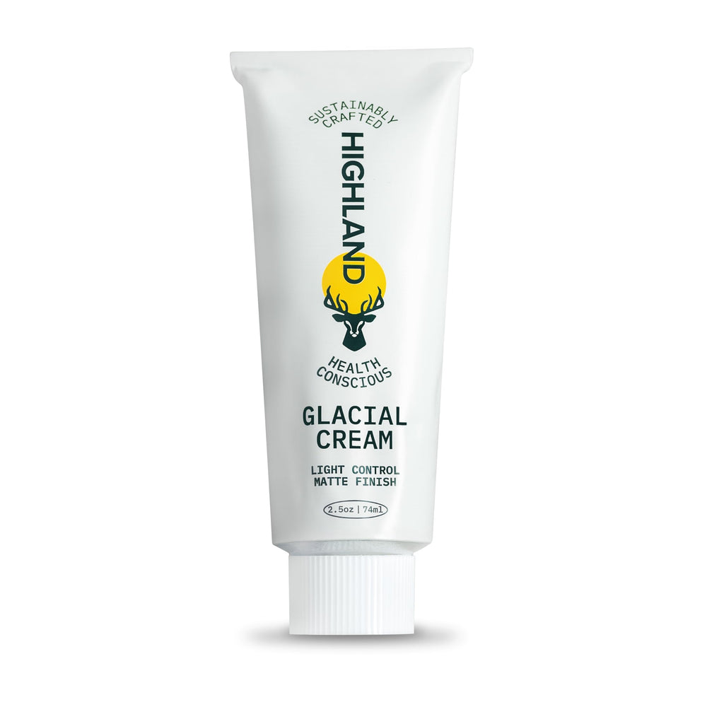 Highland Glacial Cream bottle closeup showing frizz control and versatility