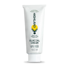 Highland Glacial Cream bottle closeup showing frizz control and versatility