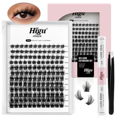 Higu clace Lash Clusters Kit box shows complete DIY lashes for salon-grade results.