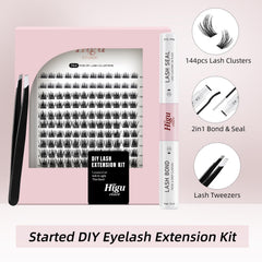 Higu clace Lash Clusters Kit contents reveal 144 clusters, bond, seal, and applicator for easy at-home styling.