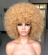 HIHOO short afro wig with bangs in blonde offers versatile daily wear.