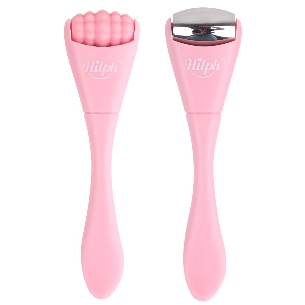 Hilph mini ice roller with stainless steel head cools and soothes facial skin, reducing puffiness.